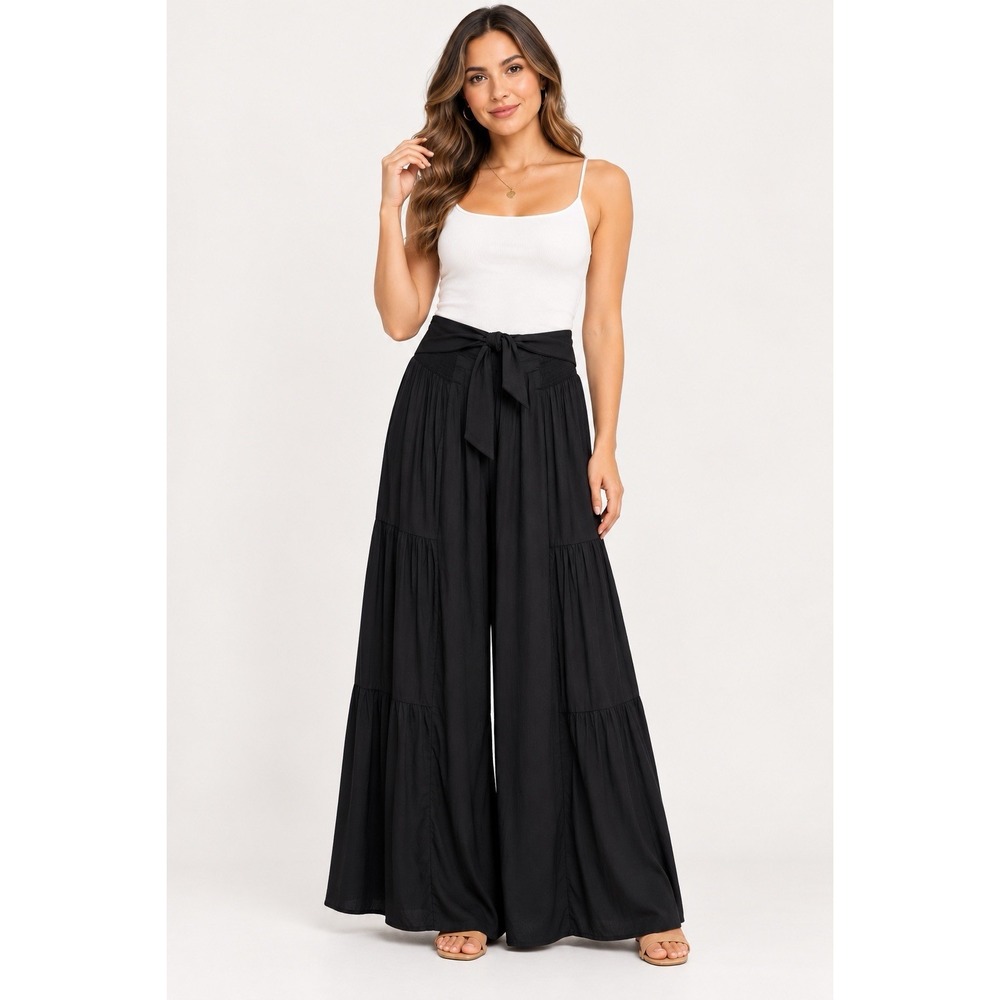 Patrons of Peace Womens S Black Wide Leg Palazzo Pants Tie Waist Boho Rayon